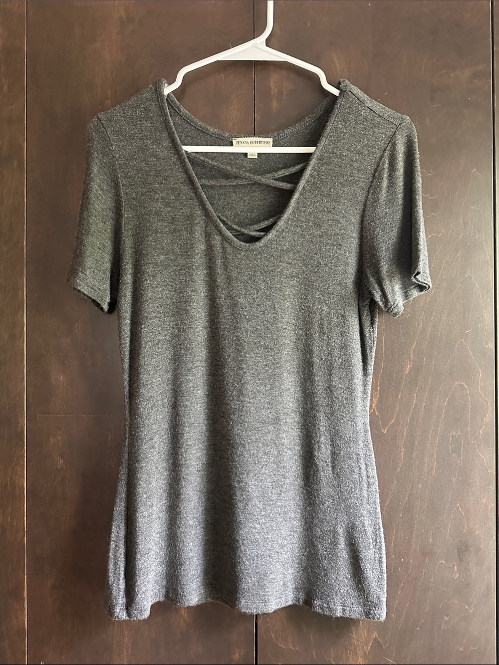 Zenana Outfitters Gray Crisscross V-Neck Short Sleeve Tee